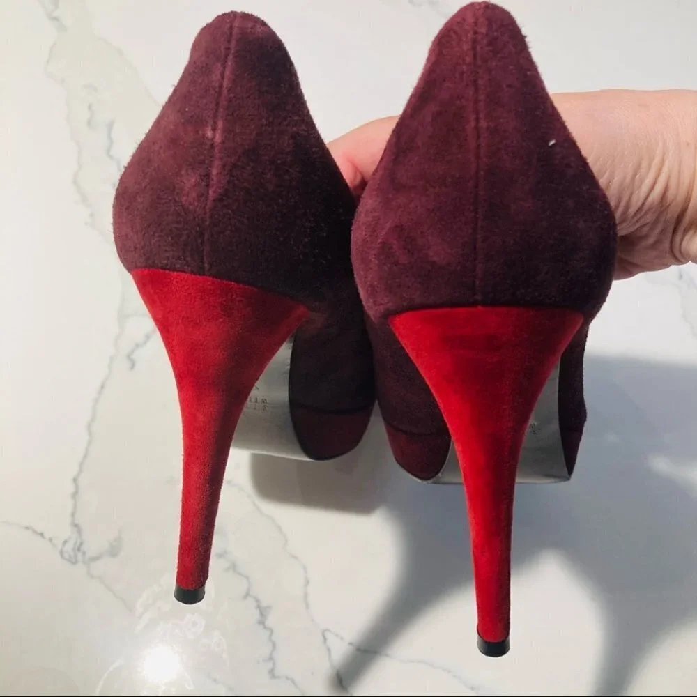 STUART WEITZMAN Sz 8.5 Burgundy Red Suede Heels Platform Woodgrain Design Shoes - Picture 5 of 10